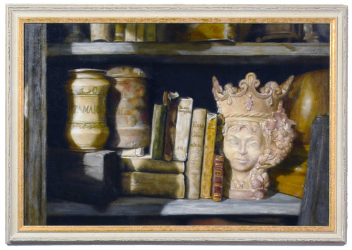 Queen of the Shelf tattered books jars statue Realism Original Still Life Oil Painting Framed on wall with wood and marble textures too, shown here with white wood distressed frame with gold inner lining