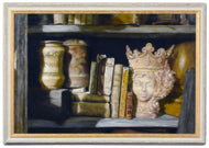 Queen of the Shelf tattered books jars statue Realism Original Still Life Oil Painting Framed on wall with wood and marble textures too, shown here with white wood distressed frame with gold inner lining