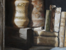 Load image into Gallery viewer, Detail of weathered old books and a ceramic jug for seed collections Queen of the Shelf tattered books jars statue Realism Original Still Life, see oil painting texturees
