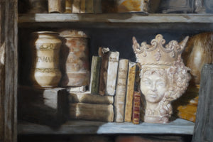 Queen of the Shelf tattered books jars statue Realism Original Still Life Oil Painting Framed on wall with wood and marble textures too, shown here without frame