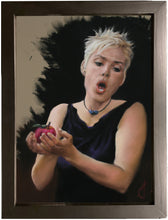 Load image into Gallery viewer, Framed pastel artwork titled Reluctant Temptress is actually an opera singer holding an apple in her palms. Original art for sale. painting
