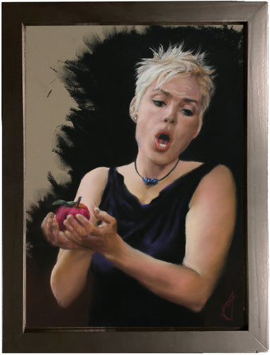 Framed pastel artwork titled Reluctant Temptress is actually an opera singer holding an apple in her palms. Original art for sale. painting
