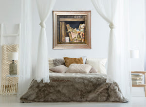 Framed still life painting of old puppet and books as shown in bedroom above bed.  Vintage Italian distressed wood frame