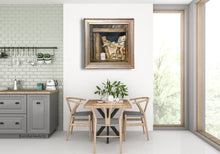 Load image into Gallery viewer, Dining room art with a small touch of green in the antique doll&#39;s shorts.
