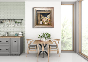 Dining room art with a small touch of green in the antique doll's shorts.