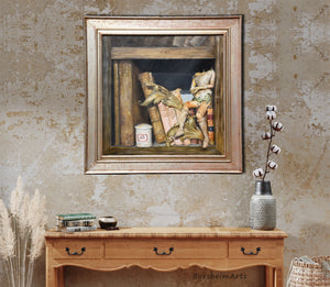 Framed still life painting of old puppet and books as shown as showpiece artwork above a sideboard.  Make your statement in your home..  Vintage Italian distressed wood frame