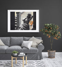 Load image into Gallery viewer, Another living room scene with dark walls and grey couch. original art or fine art prints on &quot;Spotted&quot; Leopard with Woman illustration print Spotted big cat large wall art charcoal pastel drawing safari animal empowered women gift room decor
