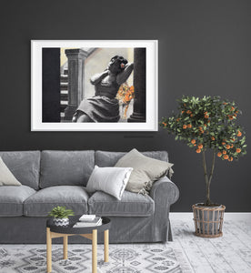 Another living room scene with dark walls and grey couch. original art or fine art prints on "Spotted" Leopard with Woman illustration print Spotted big cat large wall art charcoal pastel drawing safari animal empowered women gift room decor