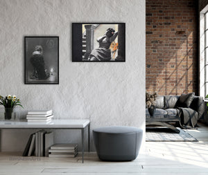 Loft apartment looks warm and cozy, as well as intriguing with two portraits of women lost in thought art . for original art or fine art prints on "Spotted" Leopard with Woman illustration print Spotted big cat large wall art charcoal pastel drawing safari animal empowered women gift room decor