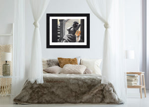 Bedroom scene with art over headboard original art or fine art prints on "Spotted" Leopard with Woman illustration print Spotted big cat large wall art charcoal pastel drawing safari animal empowered women gift room decor