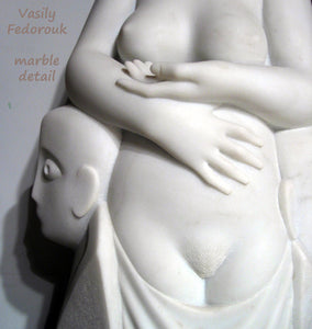 Detail of the lovely hands and torso of the woman, and profile of the young man in profile, sculpture by Ukrainian artist Vasily Fedorouk