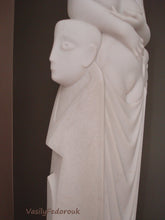 Load image into Gallery viewer, Detail of young man&#39;s head and abstracted draped body, detail of marble sculpture Birth of Beauty by Vasily Fedorouk, Ukrainian and American sculptor
