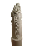 Vasily Fedorouk Birth of Beauty Marble Sculpture, a standing woman faces upwards, while 2 men flank her hip in profile, as if her guardians.  Almost a 4-foot tall sculpture for indoor or outdoor garden display.