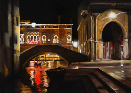 Fish Market on the Grand Canal, as seen at night in Venice, Italy (Venezia, Italia) painting in oil on wood panel by artist Kelly Borsheim.  Size is 50 x 70 cm, or just under 20 x 28 inches.  For sale by artist