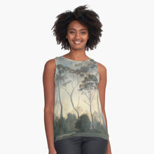Load image into Gallery viewer, Sleeveless shirt art tasmania BorsheimArts on Redbubble. Tasmania in the Clouds on clothing and home decor items by artist Kelly Borsheim
