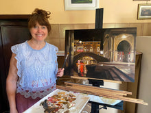 Load image into Gallery viewer, And many thanks go to Jane Sulicich from Australia who came to visit with me while she and her husband Mark returned to Valleriana after the Covid virus disaster lessened.  She took the photo of the artist Kelly Borsheim with her painting Venezia Fish Market at Night.
