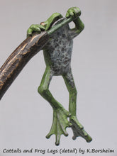 Load image into Gallery viewer, Self-portrait of the artist, Hanging Frog, Detail images of the bronze sculpture, Cattails and Frog Legs

