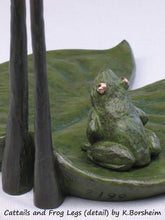 Cargar imagen en el visor de la galería, Curious frog on lilypad Detail images of the bronze sculpture, Cattails and Frog Legs
