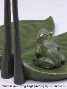 Curious frog on lilypad Detail images of the bronze sculpture, Cattails and Frog Legs
