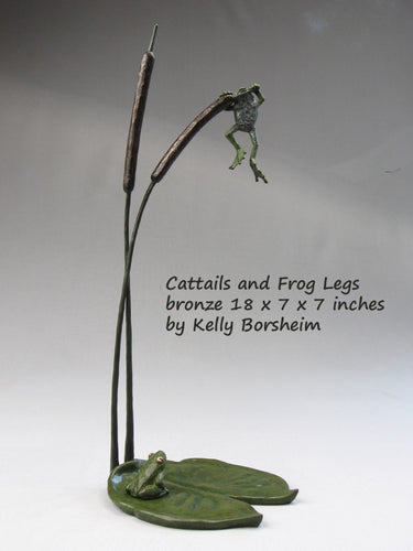 tabletop aquatic bronze sculpture, Cattails and Frog Legs