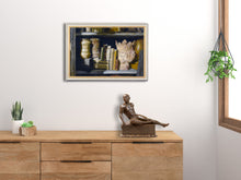 Load image into Gallery viewer, Sample bedroom art shown with Eric bronze sculpture:  Queen of the Shelf Books Realism Original Still Life Oil Painting Framed on wall
