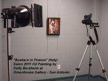 Load image into Gallery viewer, Greenhouse Gallery photographs Award-winning painting Buskers in Firenze for their art Catalog, this photo shows their setup in the art gallery to photograph artworks
