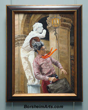 Load image into Gallery viewer, Buskers in Firenze Two Mimes Performing Artists Florence Italy Oil Painting on Thick Wood Panel of Maple, framed beautifully in dark wood and gold
