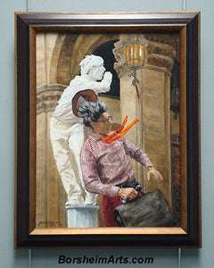 Buskers in Firenze Two Mimes Performing Artists Florence Italy Oil Painting on Thick Wood Panel of Maple, framed beautifully in dark wood and gold