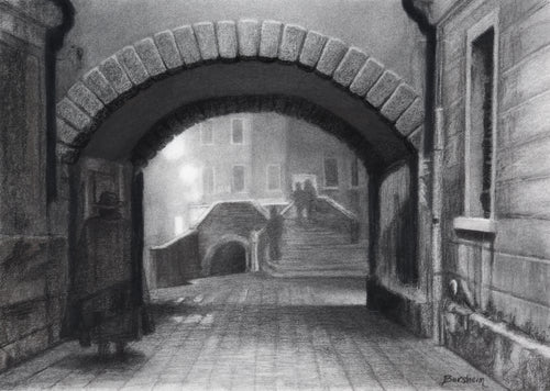 Charcoal drawing with some pastel:  A ghostly figure in the traditional Venetian black hat and cape, called the 'Tabarro' in Italian, approaches the Ponte Canal [canal bridge] in Venezia (Venice, Italy)