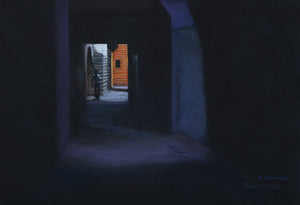 Solitary Boy Boy in the Striped Tunnel Marrakesh Morocco Exhibition Pastel Art Pastel Drawing on Black Paper