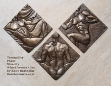 Load image into Gallery viewer, These solid bronze tiles were designed for a bathroom.  They are an open series, with each bronze tile being cast individually, with a diamond shape if hung vertically.  They are signed and the numbers are either on the backs or the sides.  They are titled individually:  Peace, Tranquillity, and Vivacity.
