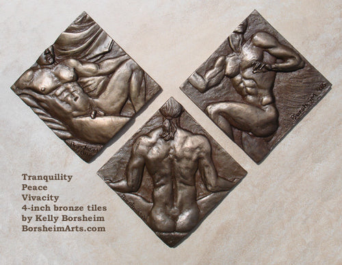 These solid bronze tiles were designed for a bathroom.  They are an open series, with each bronze tile being cast individually, with a diamond shape if hung vertically.  They are signed and the numbers are either on the backs or the sides.  They are titled individually:  Peace, Tranquillity, and Vivacity.