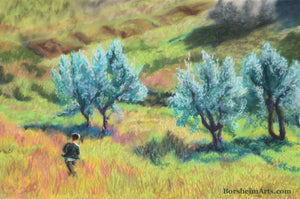 Childhood in Casignano Boy Running in Italy Olive Grove pastel painting landscape art