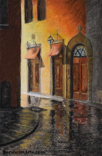 Florence Street at Night, Italy after a rain Pastel Painting on Uart Paper, mounted on foam core