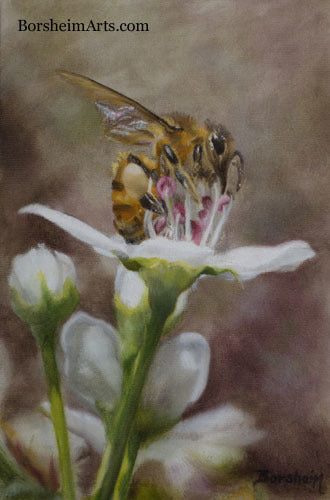 Harvest ~ Bee on Bradford Pear Tree Flower Oil Painting