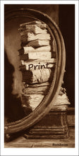 Load image into Gallery viewer, Sepia finish Library of Dreams Tower of Old Books Stack of Books Fine Art Print Black and White or Sepia Art PRINT of Charcoal Drawing Pile of Books
