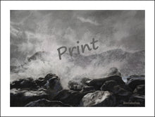 Load image into Gallery viewer, Splashing Ocean Waves Black and White Art Print Cinque Terre Italy Coastal Wall Art
