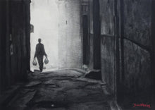 Laden Sie das Bild in den Galerie-Viewer, Solo Man walks down a decrepite alley Going Home Fez Morocco Walking in Alley Black and White Charcoal Drawing Framed and Matted with Glass ORIGINAL Art
