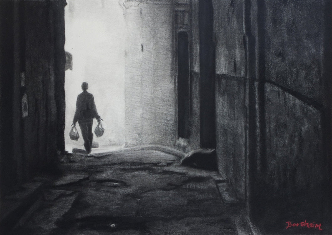Solo Man walks down a decrepite alley Going Home Fez Morocco Walking in Alley Black and White Charcoal Drawing Framed and Matted with Glass ORIGINAL Art