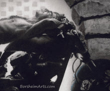 將圖片載入圖庫檢視器 Detail man&#39;s head and motorcycle Hellcat at the Pitti - Nude Man on Confederate Hellcat Motorcycle Mature Original Charcoal Drawing from Florence, Italy
