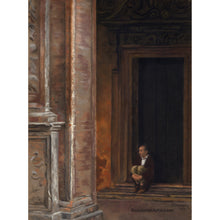 Laden Sie das Bild in den Galerie-Viewer, Pensive in Bologna Lone Sitting Man Portico Porch Covered Walkway Thinker Isolated - Italian Architecture Original Art Pastel Charcoal
