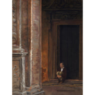 Pensive in Bologna Lone Sitting Man Portico Porch Covered Walkway Thinker Isolated - Italian Architecture Original Art Pastel Charcoal