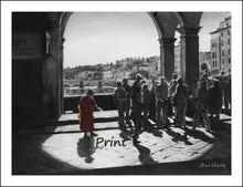 Load image into Gallery viewer, Ponte Vecchio Florence Italy Bridge People Beggar Woman Backlit Scene Tuscany Fine Art PRINT Begging Woman Tourist Print
