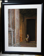 Laden Sie das Bild in den Galerie-Viewer, Framed Museum NonGlare Glass Pensive in Bologna Lone Sitting Man Portico Porch Covered Walkway Thinker Isolated - Italian Architecture Original Art Pastel Charcoal
