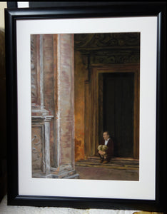 Framed Museum NonGlare Glass Pensive in Bologna Lone Sitting Man Portico Porch Covered Walkway Thinker Isolated - Italian Architecture Original Art Pastel Charcoal