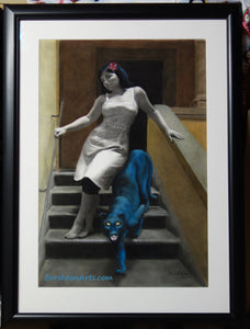 Framed Le Scale dell'Eros [The Stairs of Love] Woman and Blue Panther Laws of Attraction - ORIGINAL Pastel Art Black frame, white mat and non-reflective Museum Glass