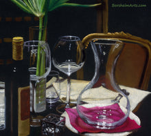 Laden Sie das Bild in den Galerie-Viewer, Detail of Transparent glasses Romantic Dinner for 2 Table Setting Wine Palm Leaf Wall Art - Fine Art PRINT

