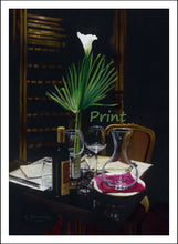 Cargar imagen en el visor de la galería, Romantic Dinner for 2 Table Setting Wine Palm Leaf Wall Art - Fine Art PRINT
