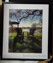 Laden Sie das Bild in den Galerie-Viewer, Framed Morning Light at the Vineyard - Florence, Texas Sun Chairs Relax Lake View - ORIGINAL Pastel Painting
