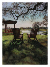 Load image into Gallery viewer, Relaxing Two Chairs Countryside Morning Light at the Vineyard Florence Texas Lake View Backlit Landscape Retirement Gift Fine Art PRINT
